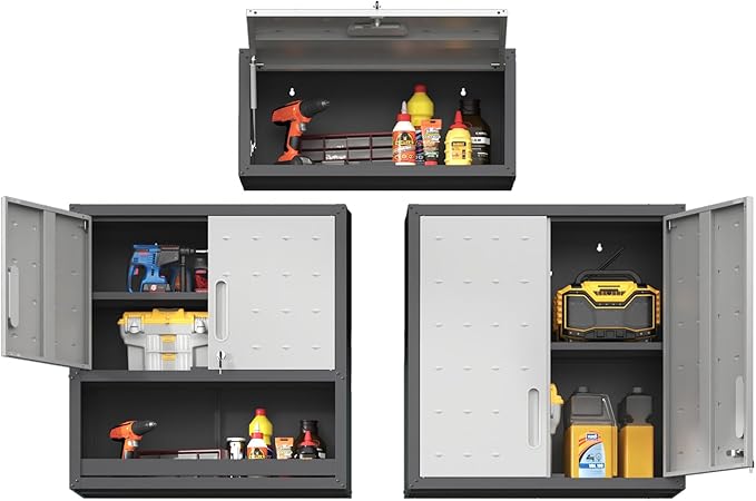 Metal Tool Cabinet,Garage Storage Cabinet System,Wall Cabinet & Locking Rolling Tool Cabinet with Doors and Adjustable Shelves,Steel Tool Cabinets for Home (3 Pcs-StyleA, Black & Grey)