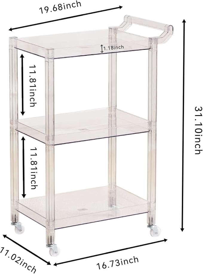 Acrylic Utility Rolling Cart, 3-Tier Clear Acrylic Storage Cart with Pulling Handle & 4 Wheels for Kitchen Dining Bathroom Laundry, Multifunction Serving Trolley for Small Spaces (Transparent)