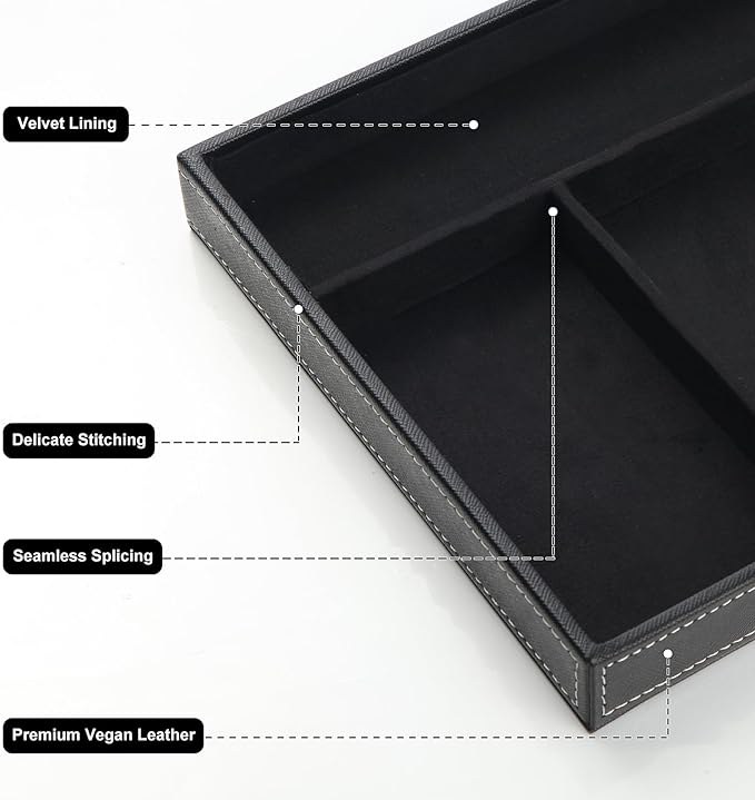 TopMade Valet Tray with Wireless Charging Pad Nightstand Organizer, Leather Desktop Storage Dresser Organizer Charging Station, Jewelry Box Catchall Bedside Vanity Tray for Men Women(Black)