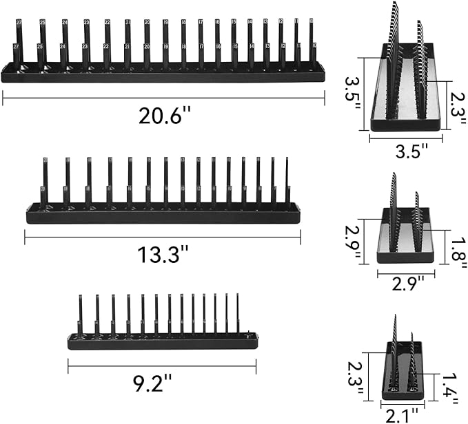 3PCS Socket Organizer Tray Set, Metric Socket Storage Trays, 1/4-Inch, 3/8-Inch & 1/2-Inch Drive Deep and Shallow Socket Holders for Toolboxes