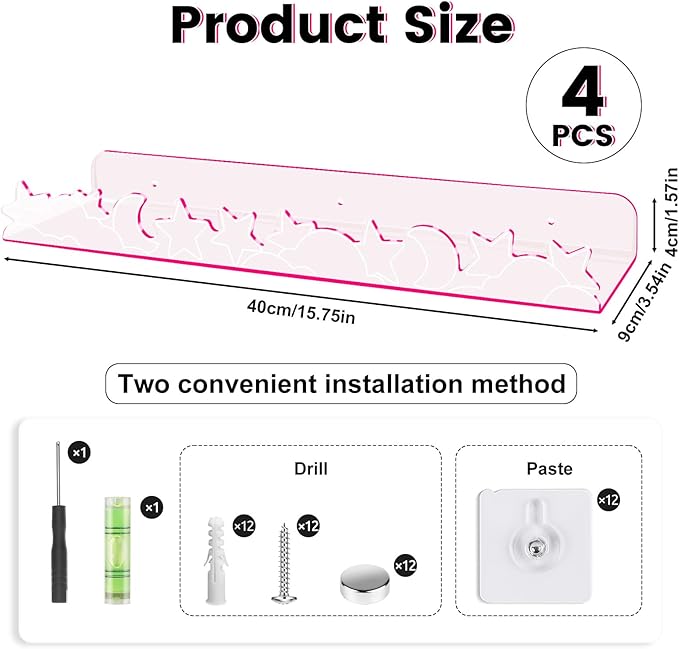 Floating Shelves for Wall,4 Pack 15.7’’x 3.5’’Adhesive Acrylic Shelves Organizer for Book Toy Photo Makeup,Wall-Mounted Kids Storage for Bathroom,Bedroom,Nursery,Pink Star and Moon