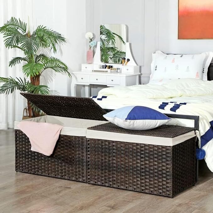 SONGMICS Storage Basket with Lid, Woven Blanket Storage Bin with Handles, Foldable, Removable Liner, Metal Frame, for Bedroom, Laundry Room, 42.3 Gallons (160 L), Brown URST76BR