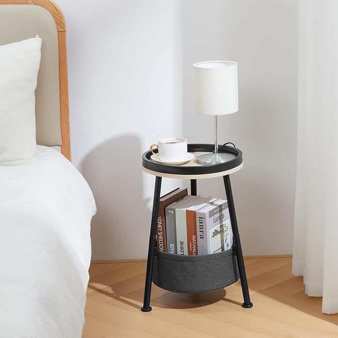 Small Round End Table, 2 Tier Side Table with Storage Basket, 11.8'D*17.8'H, Sofa Side Table, Small Round Nightstand