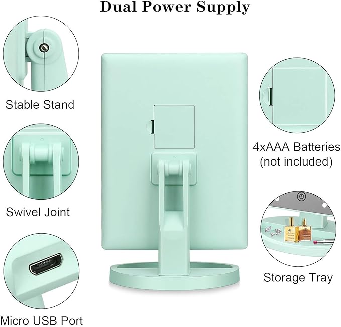 Tri-fold Lighted Vanity Makeup Mirror with 3x/2x Magnification,21 LEDs Light and Touch Screen,180 Degree Free Rotation Countertop Cosmetic Mirror,Travel (Green)