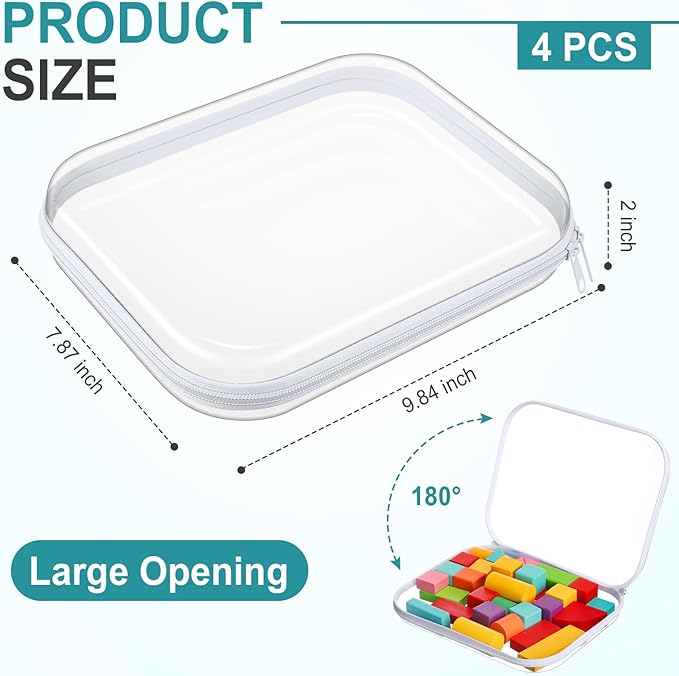 Hoolerry 4 Pcs Hard Clear Zipper Case Makeup Bags Plastic Pencil Pouch Transparent Storage Box Containers for Cosmetics, Snacks, Building Blocks, Puzzles(White,9.8 x 7.9 x 2 in)