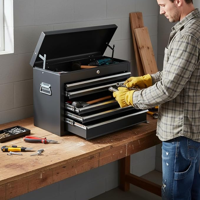 Metal Tool Box Organizer | Lockable Tool Chest | Toolbox with 5 Sliding Drawers | Large Tool Storage Box Organizer | Portable Toolchest with Keys for Garage Workshop and Tool Room | Black