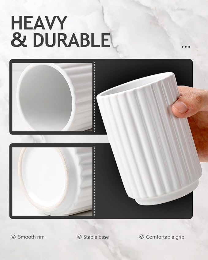 Toothbrush Holder, Tooth Brush Holder for Bathroom - Ceramic Toothbrush Cup Toothbrush Holders Countertop, Stripe Design Makeup Brush Holder Pen Holder, ANTIS'S HOME (White)