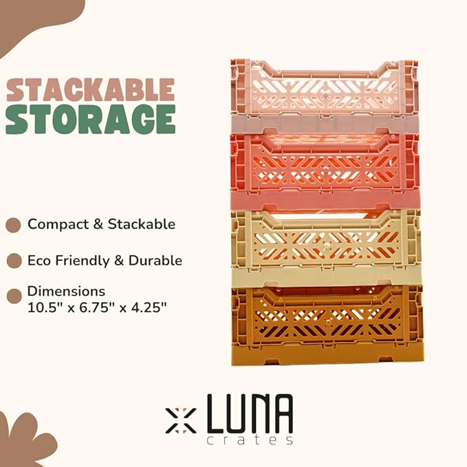Collapsible Storage Box, Foldable Crate Organizer Bin with Handle, Stackable Crates for Home Organization (Lime-Peach-Cofee-Ivory, 4L - 4-Pack)