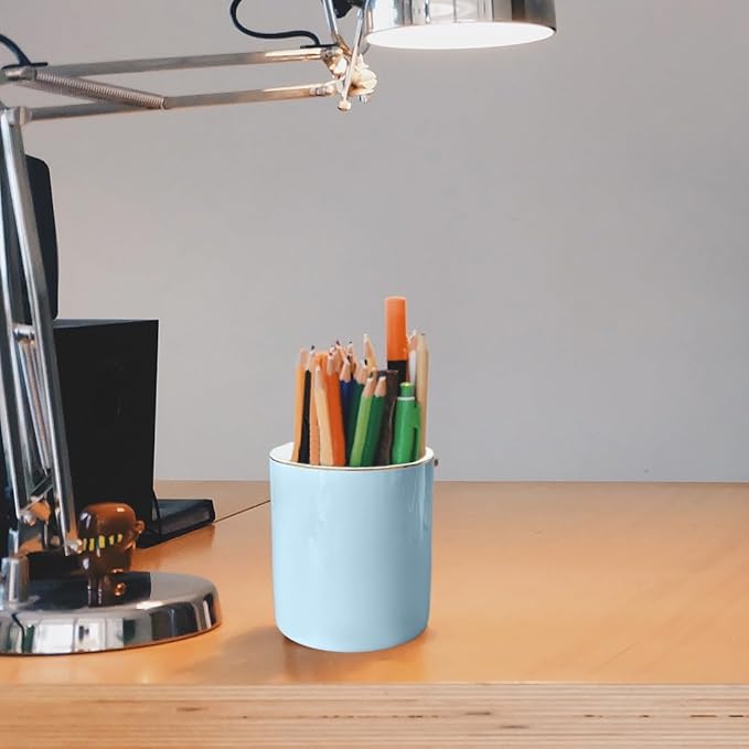 HANKOR Ceramic Pencil Holder for Desk - Cute Gold Trim Pen Aesthetic Makeup Brush Cup Holder Organizer for Desktop Storage Stationery Office Home Supplies (Light Blue)