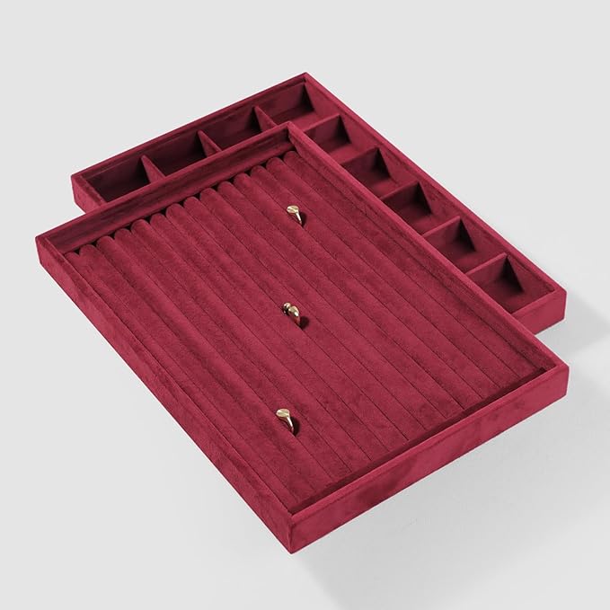Velvet Ring Display Tray, Stackable Muilt Slot Rings Ear Stud Storage Tray, Drawer Insert Jewelry Accessories Organizers Plate (Red)