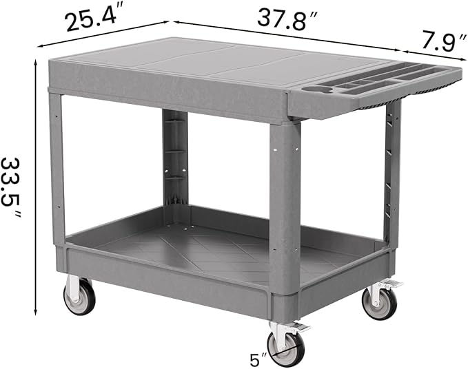 2 Tier Plastic Rolling Utility Cart on Wheels, Heavy Duty Tool Cart with Deep Shelves and 360° Swivel Wheels Holds up to 550 lbs, Service Cart for Garage, Warehouse, Cleaning (Grey-L-Flat Top)