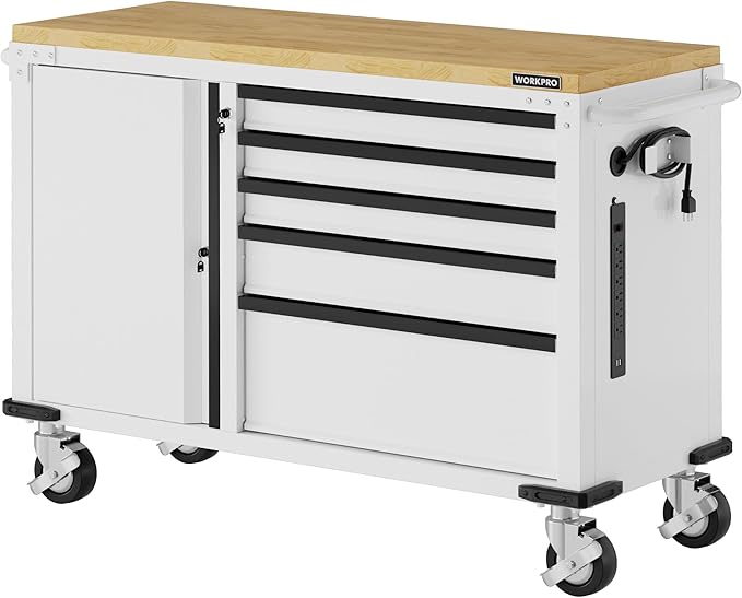 WORKPRO 52" x 20" 5-Drawer & 1-Door Rolling Tool Chest, Heavy Duty Tool Chest with Wheels, Power Strip, Locking System, Rolling Cabinet for Garage, Home & Kitchen, 1000 lbs Capacity