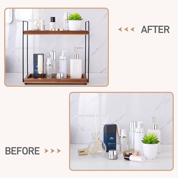 Bathroom Counter Organizer Countertop Storage - 2 Tier Bathroom Countertop Organizers Coffee Bar Organization Acacia Wood Counter Top Organizer Kitchen Spice Rack Vanity Shelf Toilet Vanity Organizers