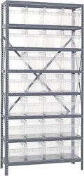 Quantum 1875-SB808CL Heavy Duty Modular Shelving Unit with (8) Shelves and (28) SSB808 Clear Bins for Warehouse Storage Distribution | 400 lbs Capacity | 18"D x 36"L x 75"H, Galvanized Carbon Steel