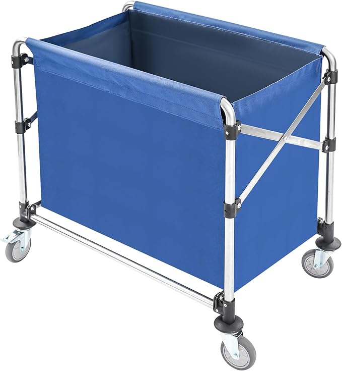 Commercial Laundry Cart with Wheels,Folding Laundry Hamper Cart,Heavy Duty Rolling Basket with Large Capacity, Sorter Trolley for Home Hotel Apartment (Blue, 34.25 * 20.47 * 30.7in)