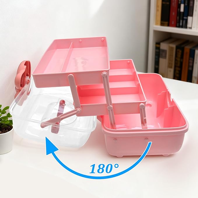 3-Tier Lockable Hair Accessories Organizer for Girls - Foldable Craft Storage Box Pink Plastic box with 2 Trays for Headbands, Art Supplies, Beads & Washi Tapes