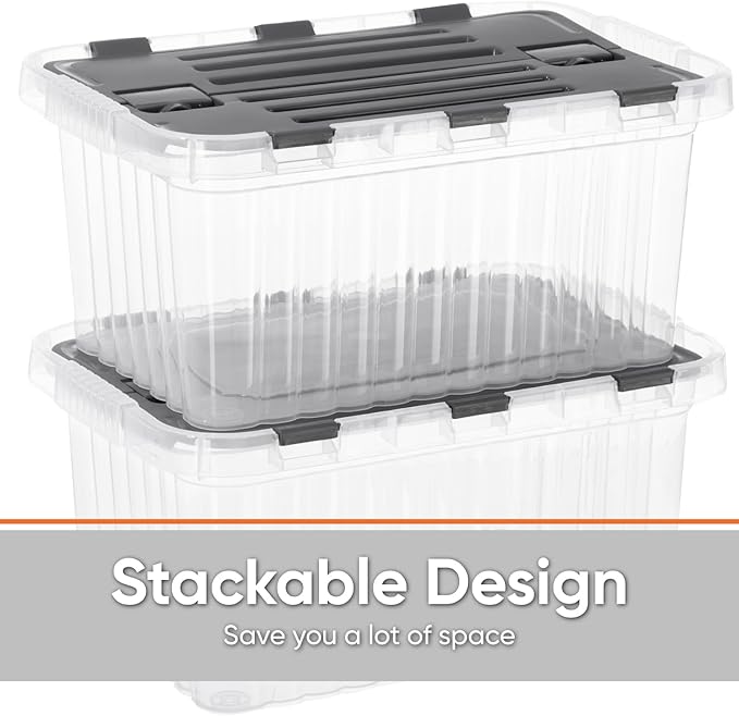 Superio Storage Bins with Lids- Clear Boxes for Organizing, Stackable Plastic Containers- BPA Free, Non-Toxic, Odor Free, Organizer for Home, Office, Dorm, 53 Quart (6 Pack, 20.25"x14"x14.6")