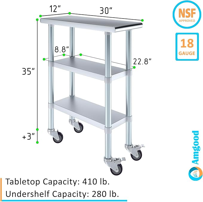 AmGood Stainless Steel Work Table with 2 Shelves and Casters | Metal Utility Table On Wheels (Stainless Steel Work Table with 2 Shelves + Casters, 12" Long x 30" Deep)