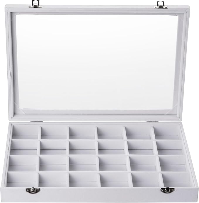 Frebeauty Velvet Jewelry Tray,24 Grid Jewelry Organizer with Clear Lid,Earring Holder Organizer with Clasp,Drawer Insert Rings Pendants Brooches,13.8 x 9.5 x 2 Inches,Gift for Women Girls(White)
