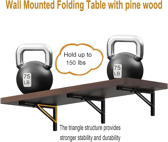 IAE Wall Mounted Folding Table with Pine Wood,48" x 16" Floating Wall Desk,Laundry Folding Table with Shelf Brackets,Fold Down Desk Shelf,Folding Workbench for Home,Dining,Laundry Room,Kitchen,Brown