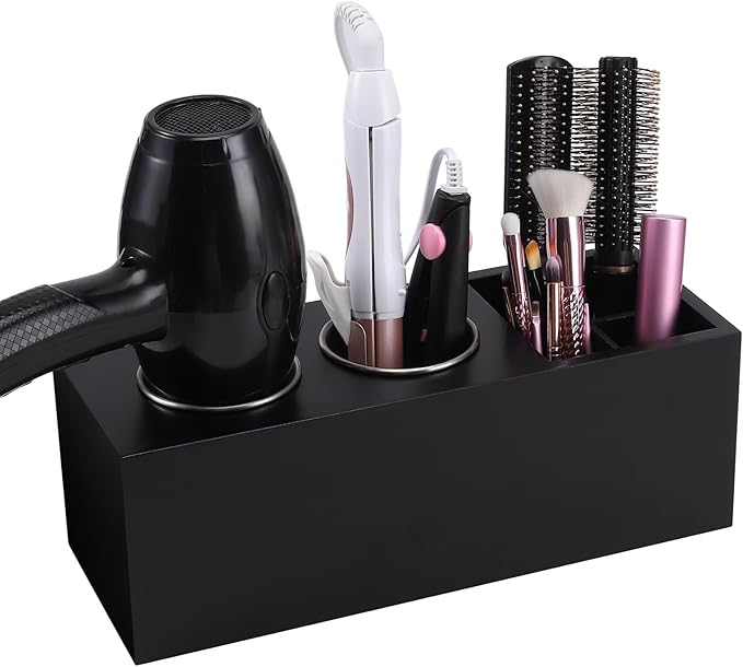 Hair Dryer Countertop Holder, Hair Tool Organizer Wall Mount, Blow Dryer Holder Cabinet Door Organizer, Bathroom Countertop Blow Dryer Holder and Curling Iron Holder (Cedar Wood, Black)