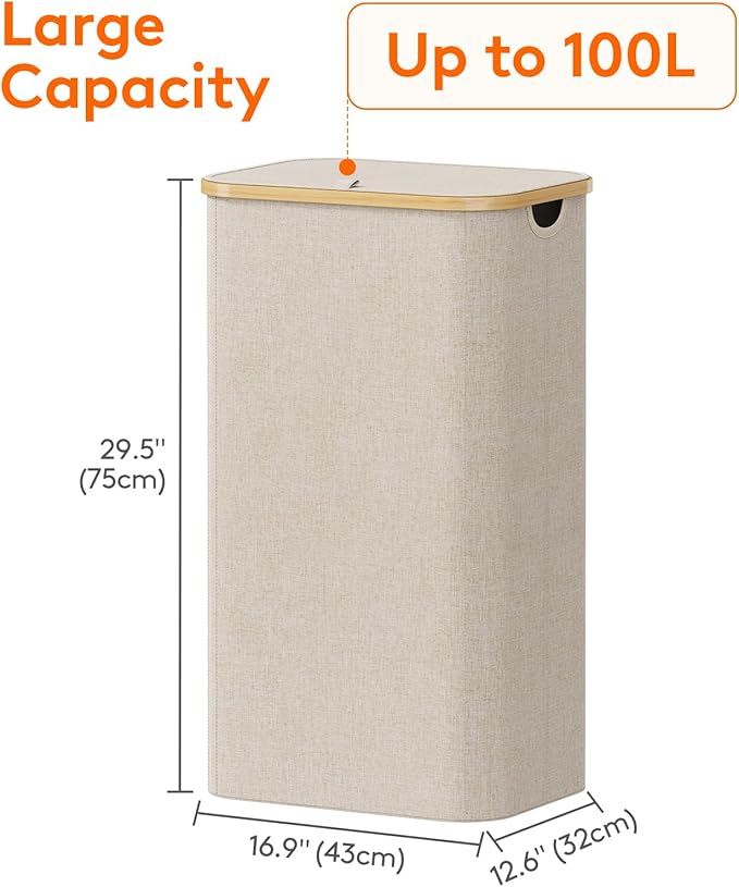 Lifewit 100L Laundry Basket with Lid, Clothes Hampers for Laundry with Bamboo Handles and A Removable Bag, Large Foldable Laundry Hamper for Bedroom, Bathroom, Dorm, Laundry Room, Beige