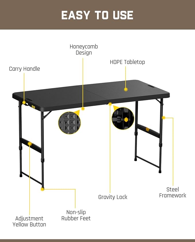 FanttikOutdoor 4ft Portable Folding Table, One-Handed Height Adjustment, 4 Heights, Gravity Lock, Carry Handle, Indoor Outdoor Heavy Duty Fold-in-Half Utility Table, Party, 2-Pack, Black Zeta X4 Pro