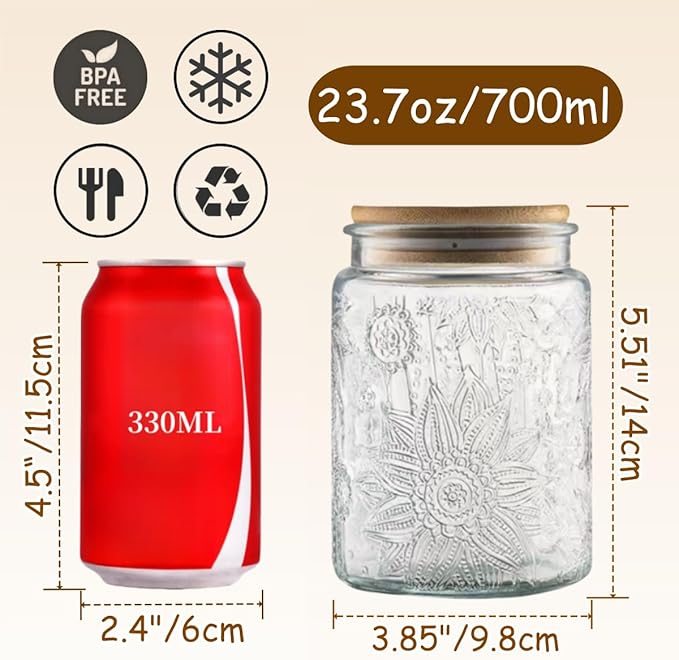 ANSQU Vintage Glass Jars Set Canister Airtight Storage Jar Container with Bamboo Wooden Lids for Kitchen Counter, Pantry, Coffee, Tea, Sugar, Cute Jar, 2 Pack 23.7 FL OZ (Begonia & Sunflower)
