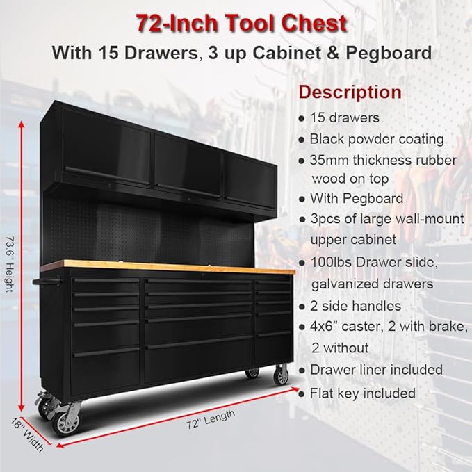 2 Pack - 72" Rolling Tool Chest with 15 Drawers + 3 Upper Cabinets, Matte Black Mobile Workbench, Lockable Large Tool Box with Wheels for Garage (1 × HTC7218PC + 1 × HTC7215PC-1)