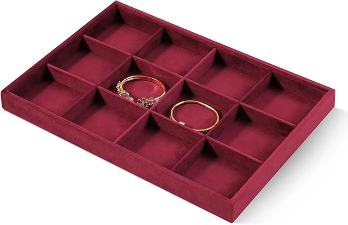 Velvet Stackable Jewelry Display Tray, 12 Grid Watch Bangle Bracelet Storage Tray, Makeup Drawer Insert Jewelry Shop Organizer Plate (Red)
