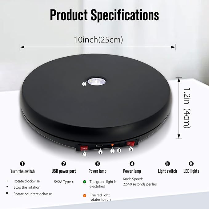 JAYEGT Motorized Rotating Display Stand with LED Light , 10 inch /55lbs Load, 360 Electronic Turntable for Photography Products Shows, Jewelry, Watch (Black / White LED Light / Rechargeable)