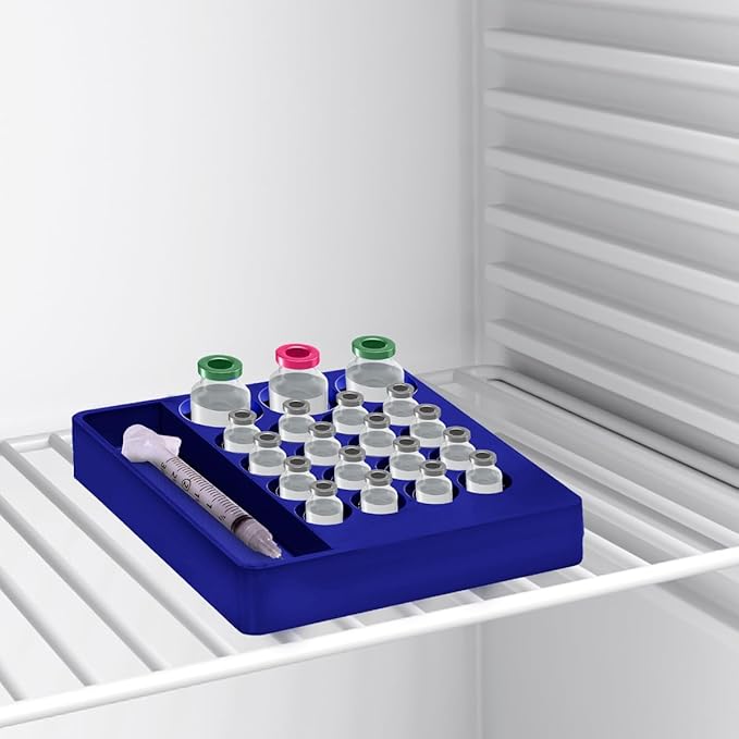 Vial Holder for Refrigerator Use | Home Vial Organizer Tray for Peptide– 5"x5"x0.75", Lightweight (8g) (Blue)