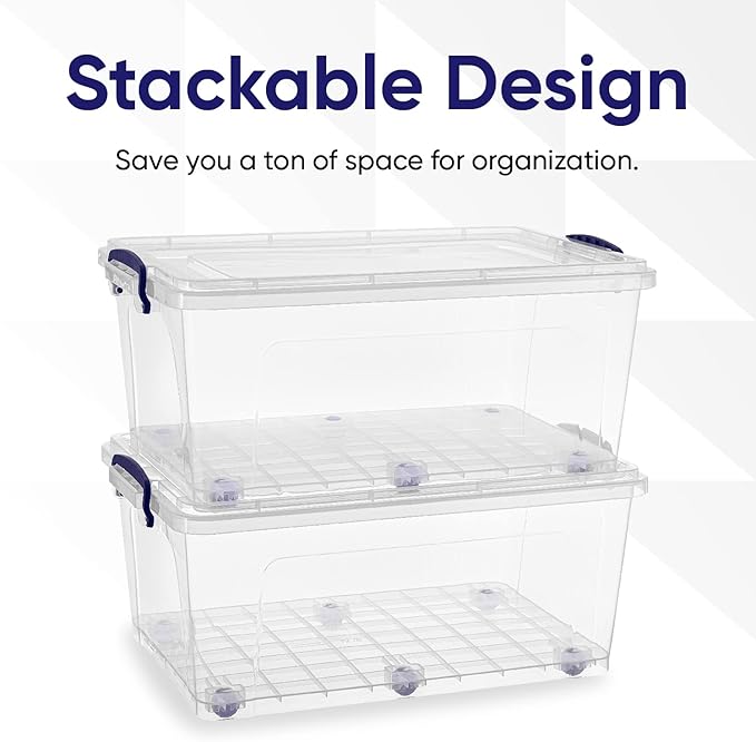 Superio Storage Bins with Lids- Clear Boxes for Organizing, Stackable Plastic Containers- BPA Free, Non-Toxic, Odor Free, Organizer for Home, Office, Dorm (8 Pack, 32 Qt (Wheeled))