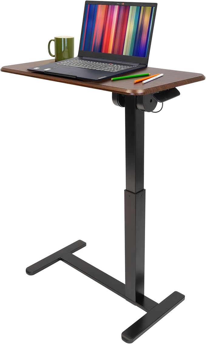 Mount-It! Rolling Bedside Table, Overbed Tray Table on Wheels for Hospital or Home Meals in Bed, Adjustable Height Tilting Swivel Standing Laptop Desk 31"x15" with Wheels, Walnut Color 27" to 41" High