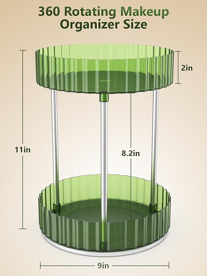 Makeup Organizer,360° Rotating Makeup Organizer,2-Tier Round Rotating Skincare Organizer Countertop,Fits Bedroom, Bathroom, Vanity Shelf Countertop(Green)