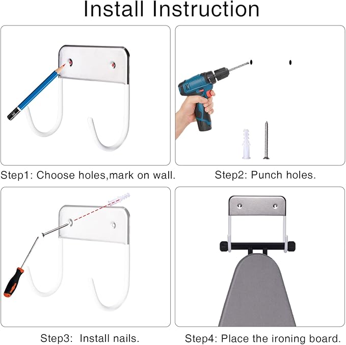 Ironing Board Hanger Wall Mount, Ironing Board Holder for Y or T Shaped,Stainless Steel Wall Hook Iron Board Holder for Laundry Rooms with 2 Hooks (White)