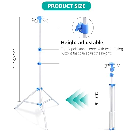 Lefeke IV Pole Portable for Traveling, Adjustable IV Stand with Hooks, Medical IV Drip Infusion Bag Holder, IV Fluids Floor Stand (White)