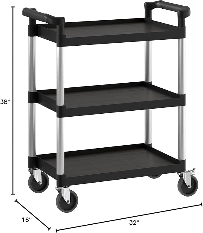 Black Utility/Bussing Cart with Three Shelves - 32" x 16"