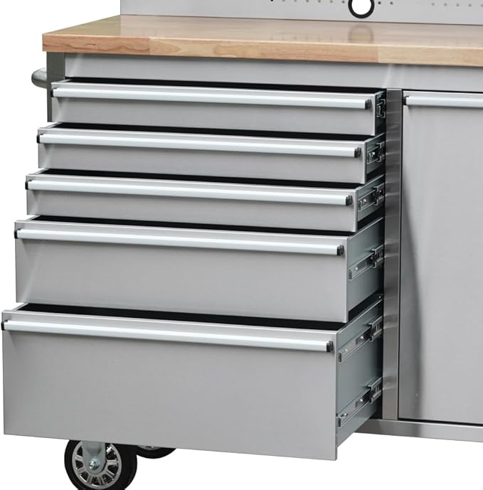 72 inch 11 Drawers Tool Chest with 3 Up Cabinet & Pegboard in Stainless Steel, Large Lockable Mobile Workbench with 6 Blue Storage Bins, Tool Box for Garage, Workshop (1 × HTC7214W1)