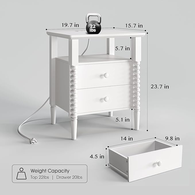 White Nightstand, Vintage Night Stand with Charging Station, Modern Bedside Table with Drawers, End Table with Solid Wood Legs, Bed Side Tables for Bedroom, White