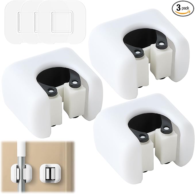 Broom Holder, Wall Mount Mop Organizer, Self-Adhesive Cleaning Supplies Hanger Rack for Bathroom Kitchen Garage Garden Space-Saving, Durable and Water-Resistant Broom Storage Solution, 3 Pack