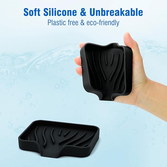 3-Pack Silicone Soap Dish Set – Bar Soap Holder with Self-Draining Design, Easy-Clean Tray for Shower, Bathroom, Kitchen, and Tub (Black)