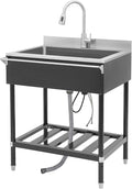 Stainless Steel Utility Sink, Free Standing Single Bowl Kitchen Sink with Pull-Out Cold/Hot Faucet, Storage Shelf & Splashback, Large Utility Sinks for Kitchen, Laundry, Garage 30.7"D x 22"W x 40.3"H