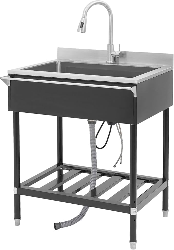Stainless Steel Utility Sink, Free Standing Single Bowl Kitchen Sink with Pull-Out Cold/Hot Faucet, Storage Shelf & Splashback, Large Utility Sinks for Kitchen, Laundry, Garage 30.7"D x 22"W x 40.3"H