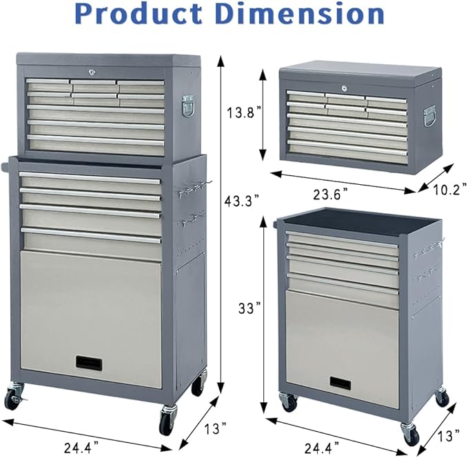 13-Drawer Rolling Tool Chest, 2 in 1 Detachable Tool Chest,Tool Box with Drawers and Wheels, Large Tool Cabinet with Lock, Metal Standing Toolbox for Garage Workshop-Gray&White