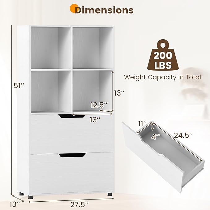 GOFLAME 4-Tier Bookcase with 2 Drawers, 51” Tall Bookshelf with 4-Cube Open Shelf, Wood, Modern, Freestanding Display Storage Organizer Shelf for Living Room, Home Office (1,White)