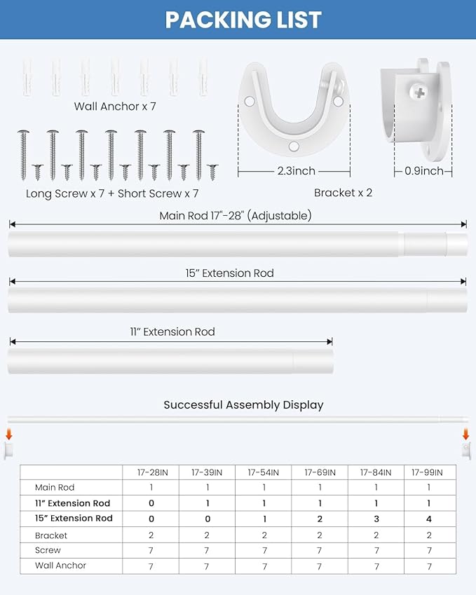 3 PACK Closet Rods for Hanging Clothes, 17 to 28 Inches Stepless Adjustable Metal Closet Rod, 1.3 Inches Heavy Duty Clothes Hanging Rod for Closet Wardrobes Laundry RV, White