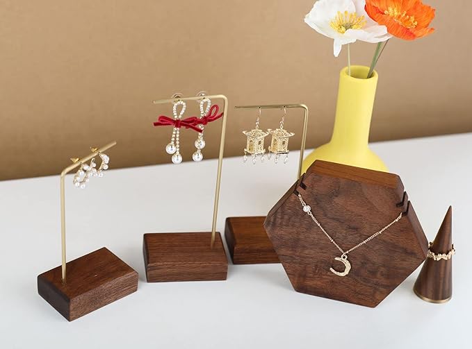 GemeShou 3pcs walnut wooden dangle earring stand holder, hoop earring displays for selling jewelry, mini brass hanger【Walnut Stand set-3pcs】