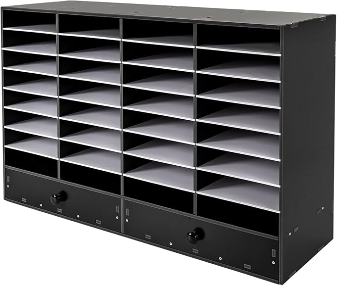 Literature Organizer 32 Slots Office Mailbox Cubbies PVC Desk Mail Sorter Organizer with Adjustable Panels & 2 Drawers for Office, Home, Classroom, Mailrooms, Bearing 110lbs (Black)