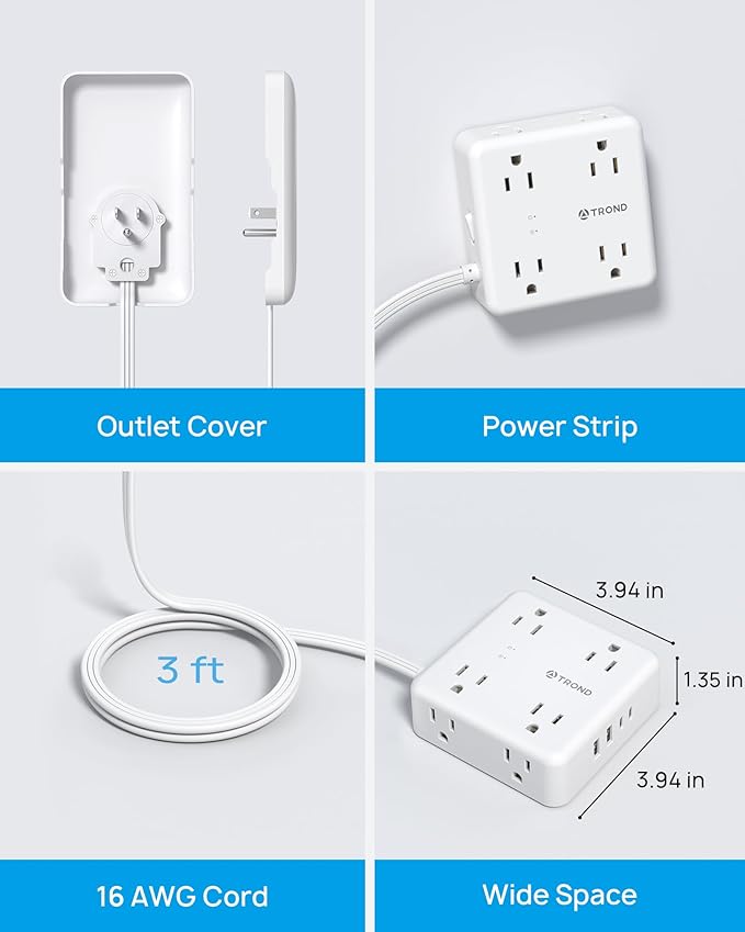 TROND Power Strip with Outlet Cover - Short Flat Extension Cord 3FT with 8 AC Outlets & 4 USB Ports, 13A/1625W, 1700J Surge Protector, Indoor Cord Concealer for Kitchen Home Improvement Essentials